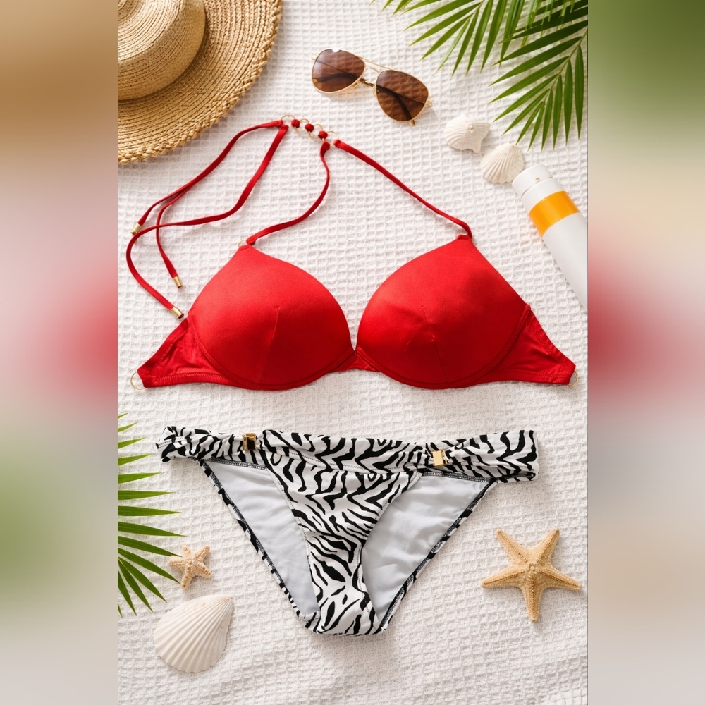 Victoria's Secret Bikini Set - 34DDD Red Top & Large Zebra Bottoms-NWT
